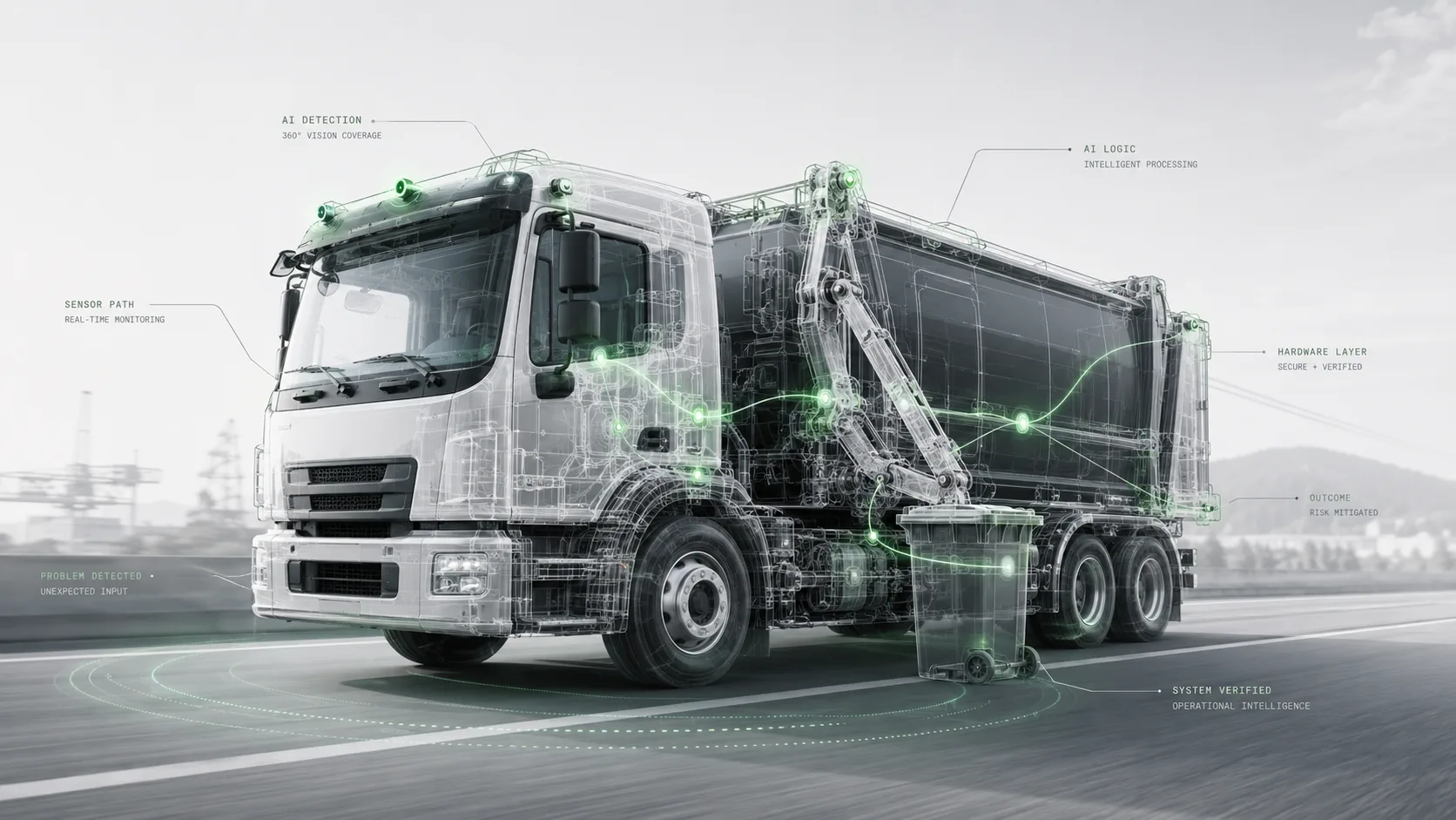 Technical waste vehicle system with AI detection and signal overlays